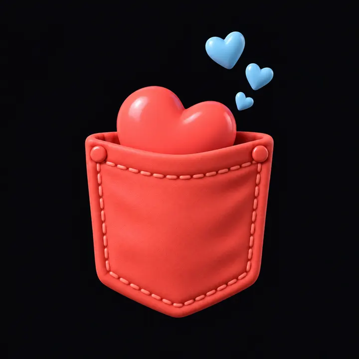 Bolso coral com um coração saindo e corações azuis flutuando